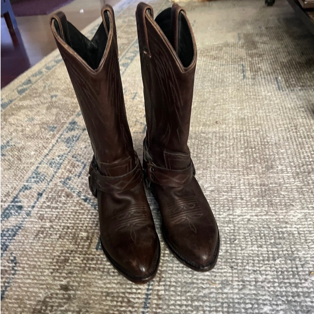 Frye Wyatt Western Harness Boots Dark Brown Leather Pointed Toe Womens